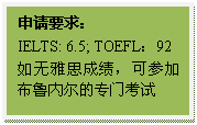 文本框: 申请要求：IELTS: 6.5; TOEFL：92如无雅思成绩，可参加布鲁内尔的专门考试